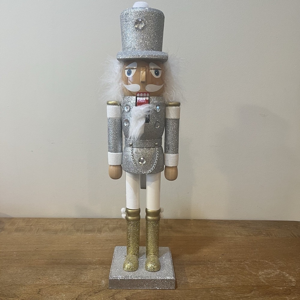 18" Tall Silver Gold Glitter Nutcracker Soldier Christmas Decor Wood Holiday